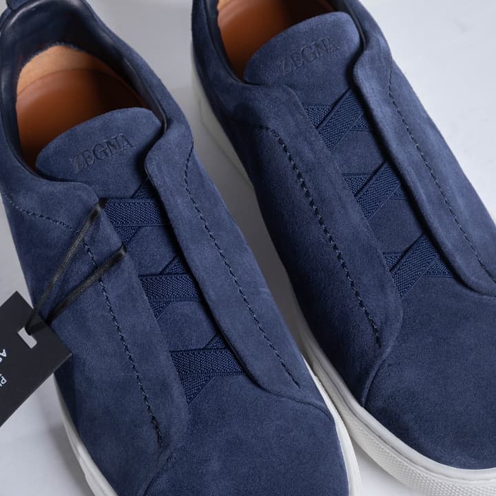 Zegna SECONDSKIN Triple Stitch Low-Top Sneakers in Navy Smooth Leather