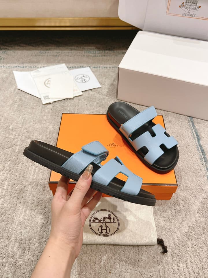 Hermès Chypre Suede Unisex Slides in Black With Dark Blue Strap