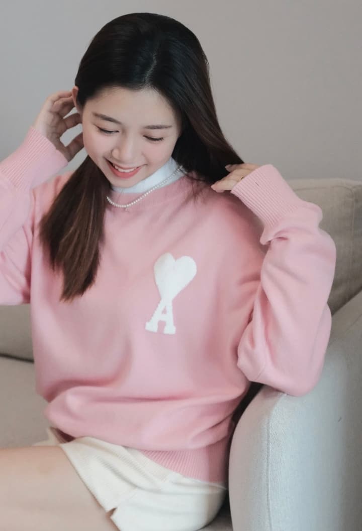 AMI Paris Heart Letter Knit Sweater in Pink