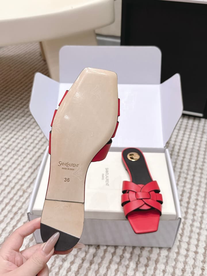 Saint Laurent Melody Square Toe Flat Sandals – 2026SS in Burgundy Patent
