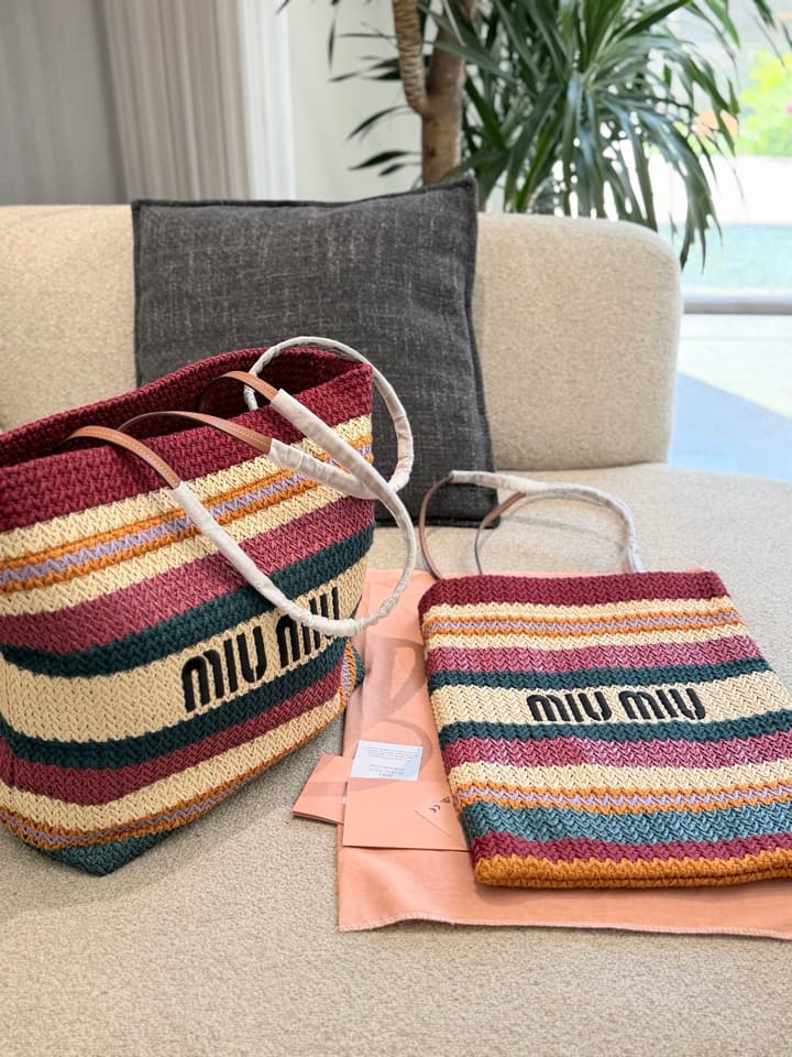 Miu Miu Knit Woven Large Tote Bag in Burgundy Multi-Color Striped