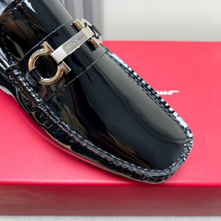 Ferragamo Imported Cowhide Fur-Lined Loafers in Black Patent Leather