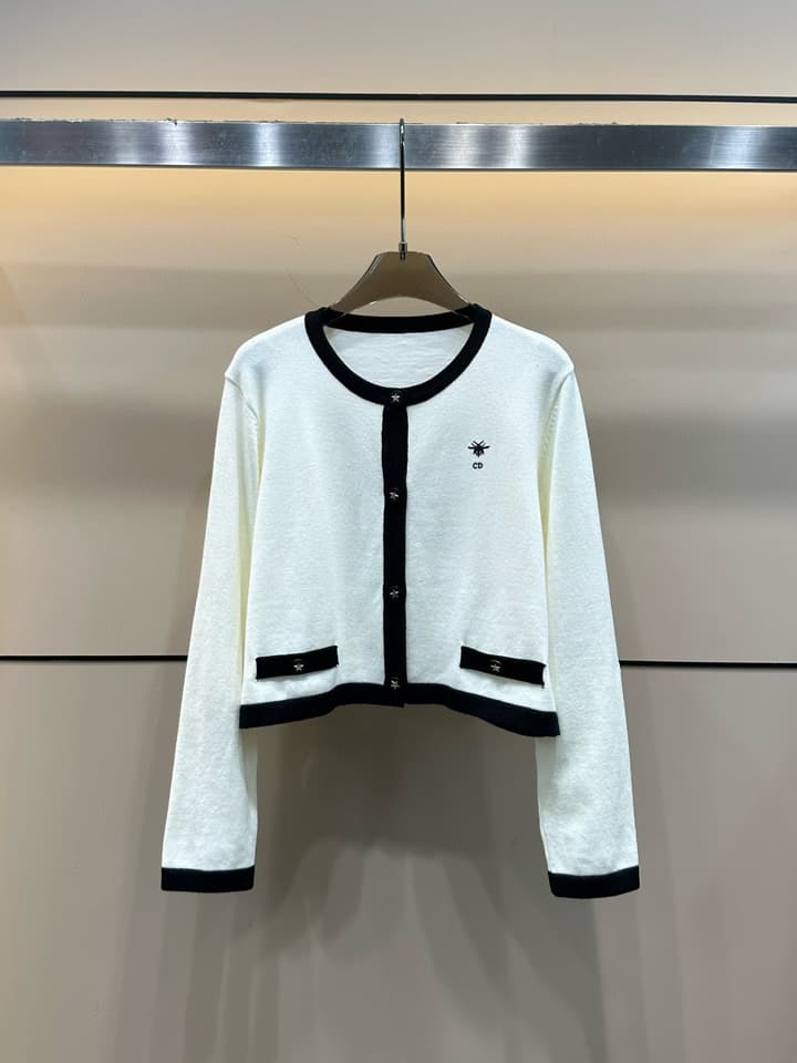 Dior CD Bee Embroidery Knit Cardigan in Black With White Trim