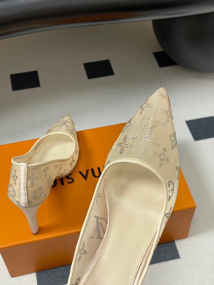 Louis Vuitton Gala Mesh Rhinestone High Heels – 25SS in Beige Monogram Lace