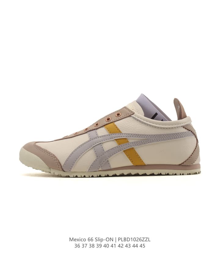 Onitsuka Tiger Mexico 66 Slip-On Canvas Sneakers in Cream Canvas With Gold Stripes