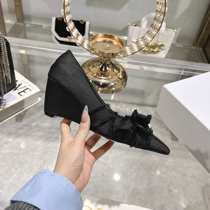 Dior Adiorable Bow Pearl Wedge Pumps in Black Ruffled Bow