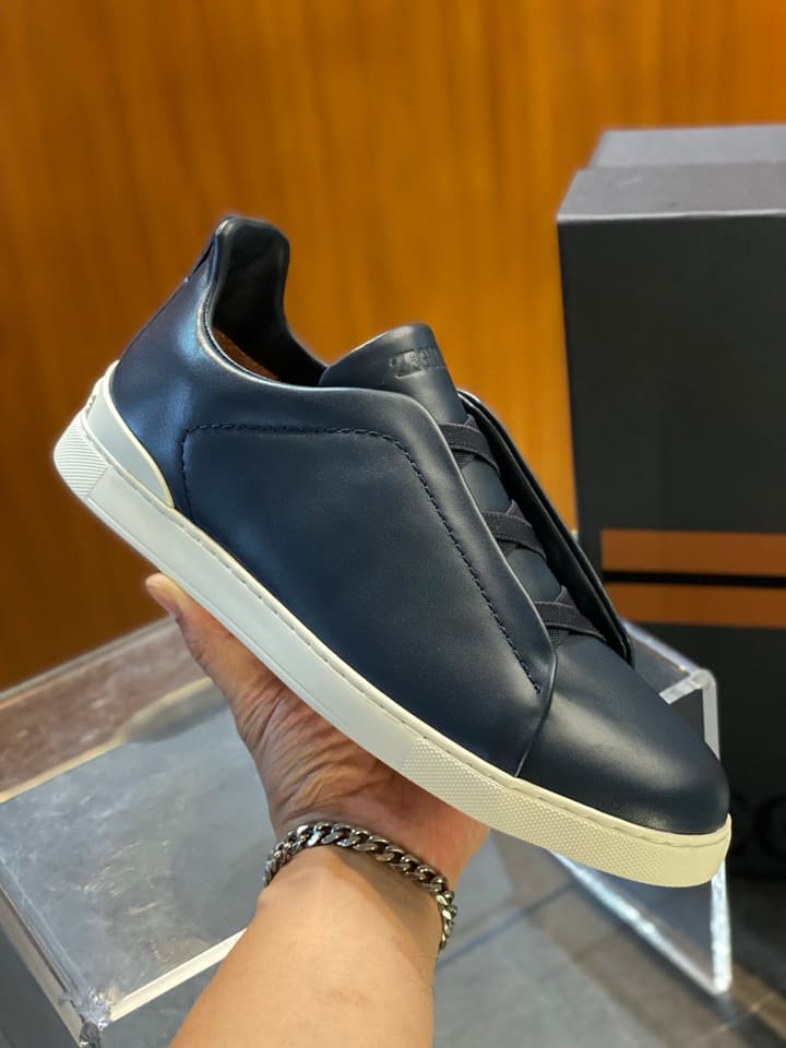 Zegna Triple Stitch Leather Sneakers in Black Smooth Leather