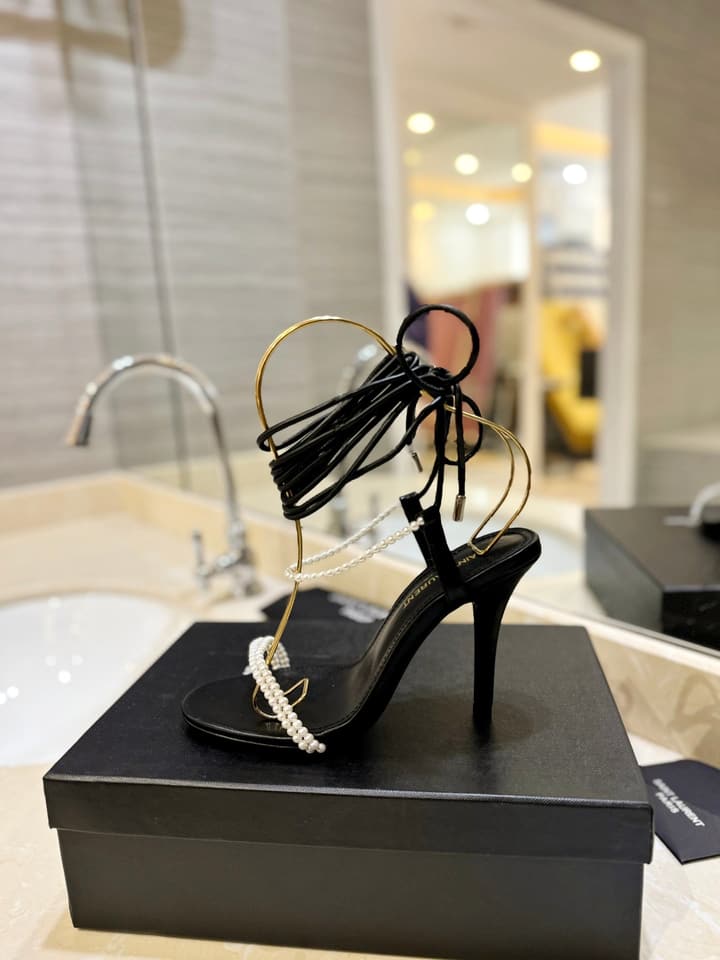 Saint Laurent YSL Pearl Strappy Heeled Sandals in All Black