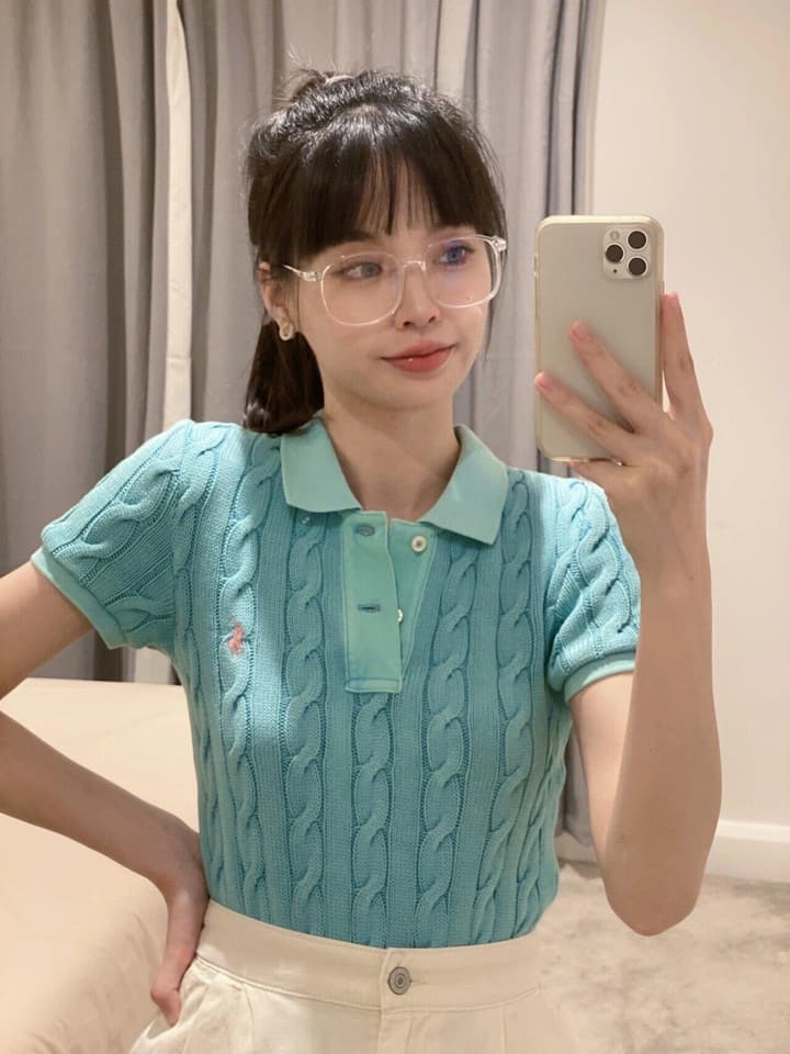 Ralph Lauren Pony Embroidered Cable-Knit Polo Shirt in Baby Blue