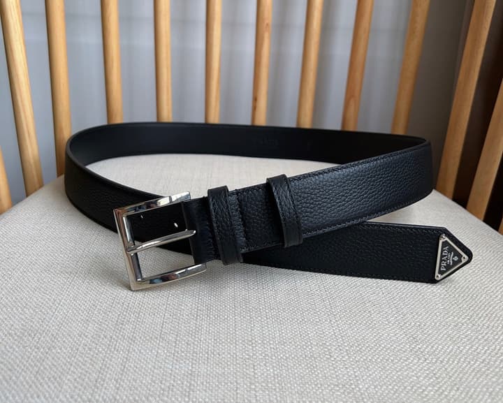 Prada Leather Belt with Triangle Logo in Black Leather Gold Buckle