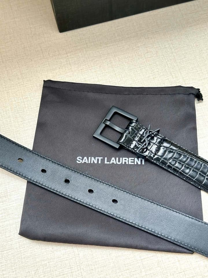 Saint Laurent Monogram Crocodile Embossed Leather Narrow Belt