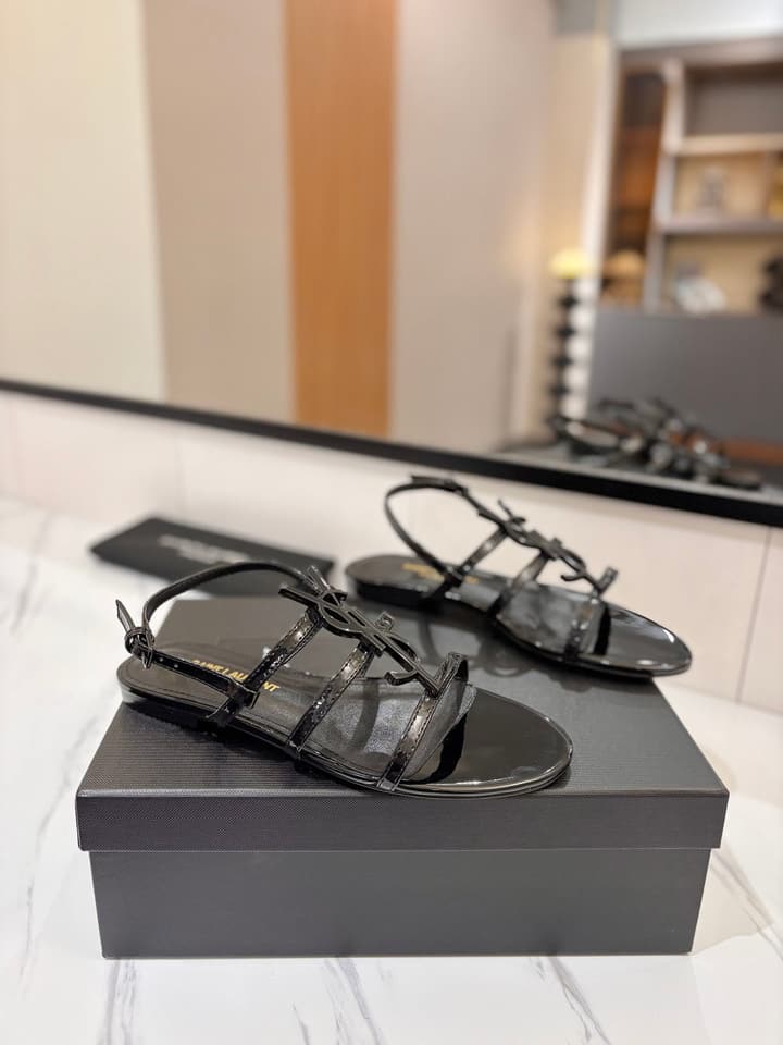 Saint Laurent YSL Metal Logo Heeled Sandals in Matte Black Criss-cross Strap Sandal