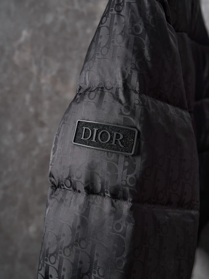 Dior Full Print Jacquard Stand Collar Puffer Jacket in Dark Gray Puffer Jacket