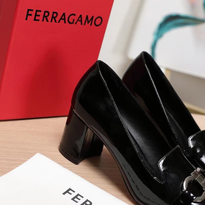 Ferragamo Classic Square Toe Pumps in Black Patent Leather
