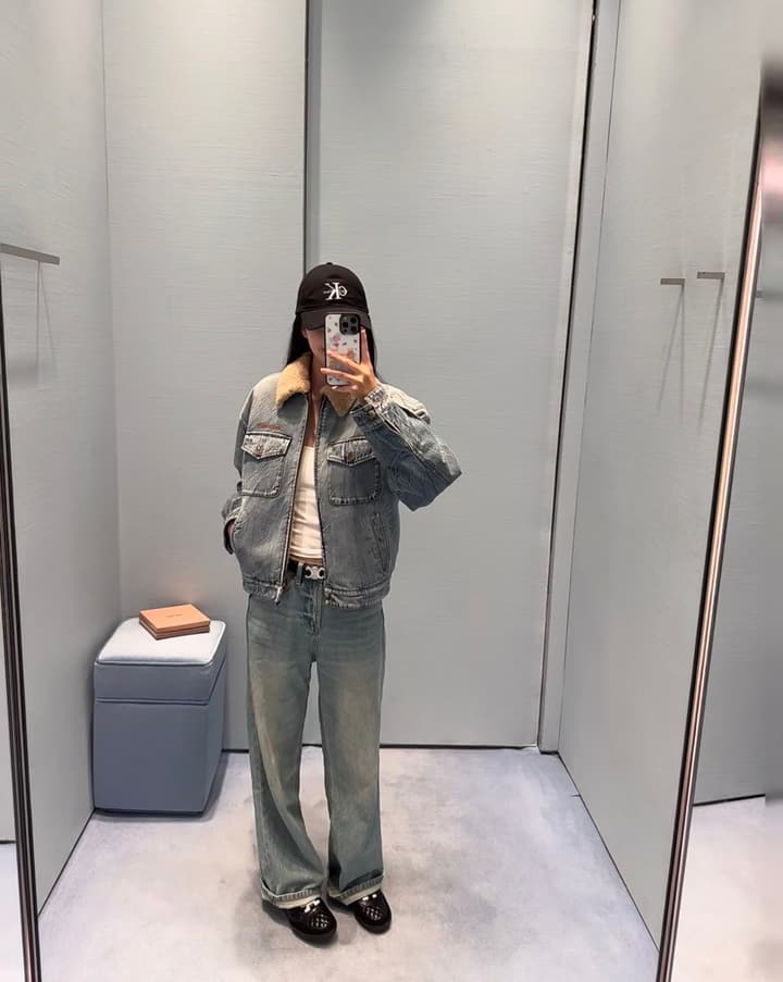Miu Miu Washed Lambswool Embroidered Denim Jacket in Light Washed Denim With Tan Shearling
