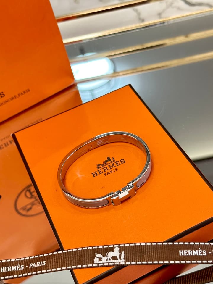 Hermès H-Letter Oval Series Bracelet in Light Blue Enamel