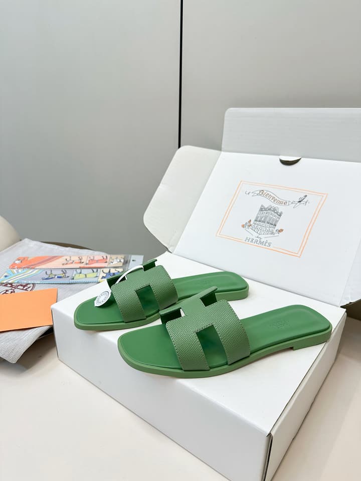 Hermès Palm Grain H-Slides in Bright Green
