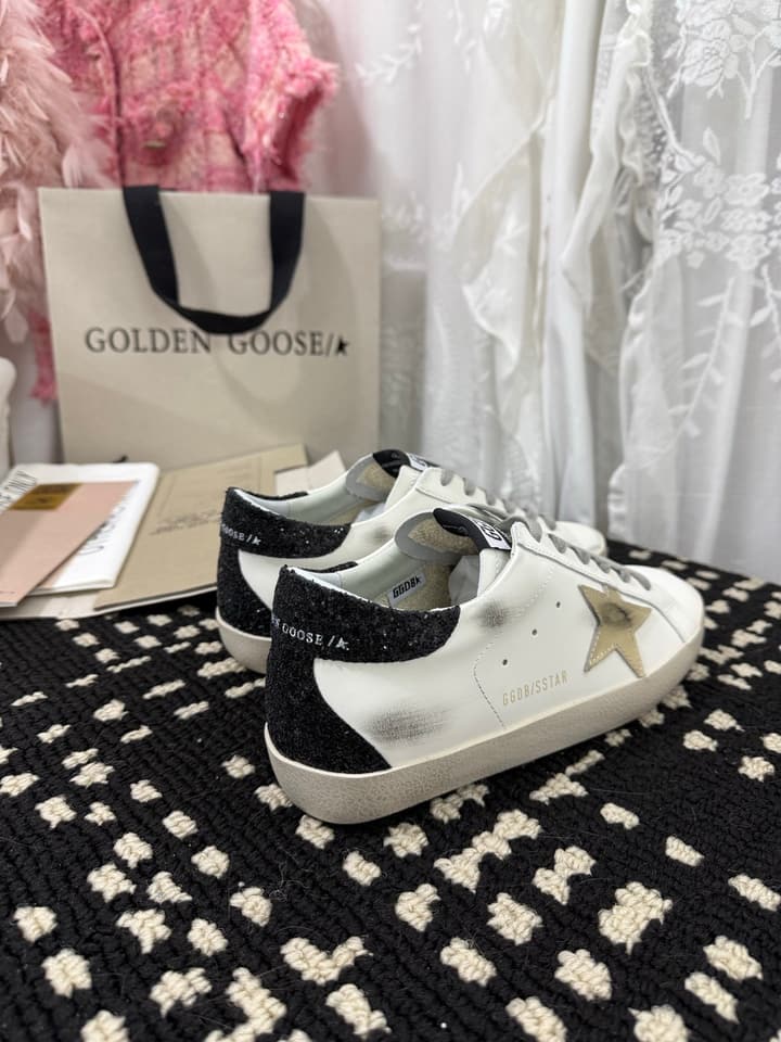 Golden Goose Super Star Rhinestone Leather Sneakers in Grey Suede Black Leather White Star