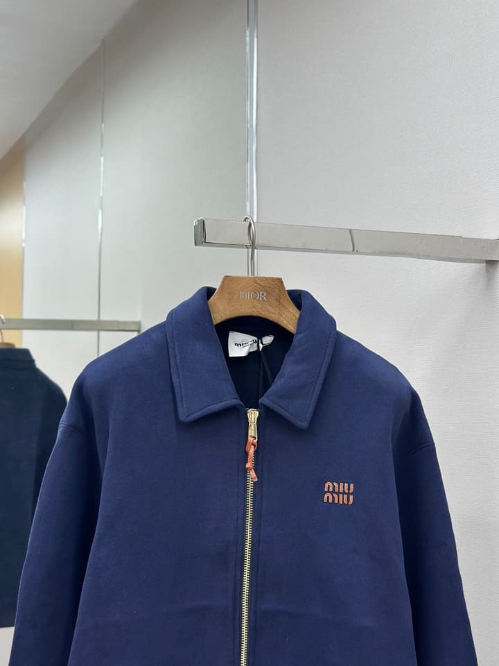 Miu Miu Embroidered Leather Patch Zipper Jacket in Dark Navy Blue