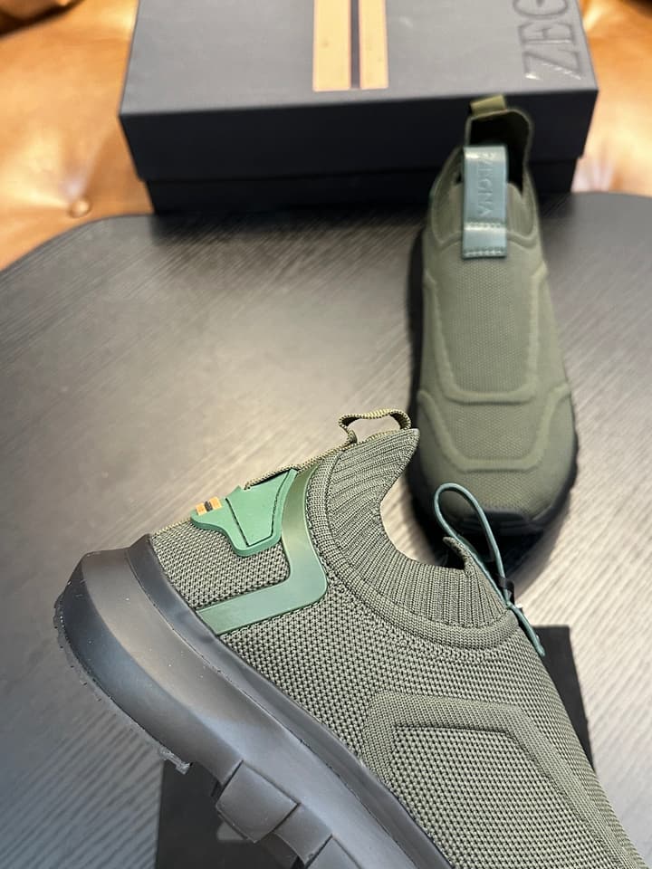 Zegna Techmerino Slip-On Sneakers in Dark Navy With Green Accent