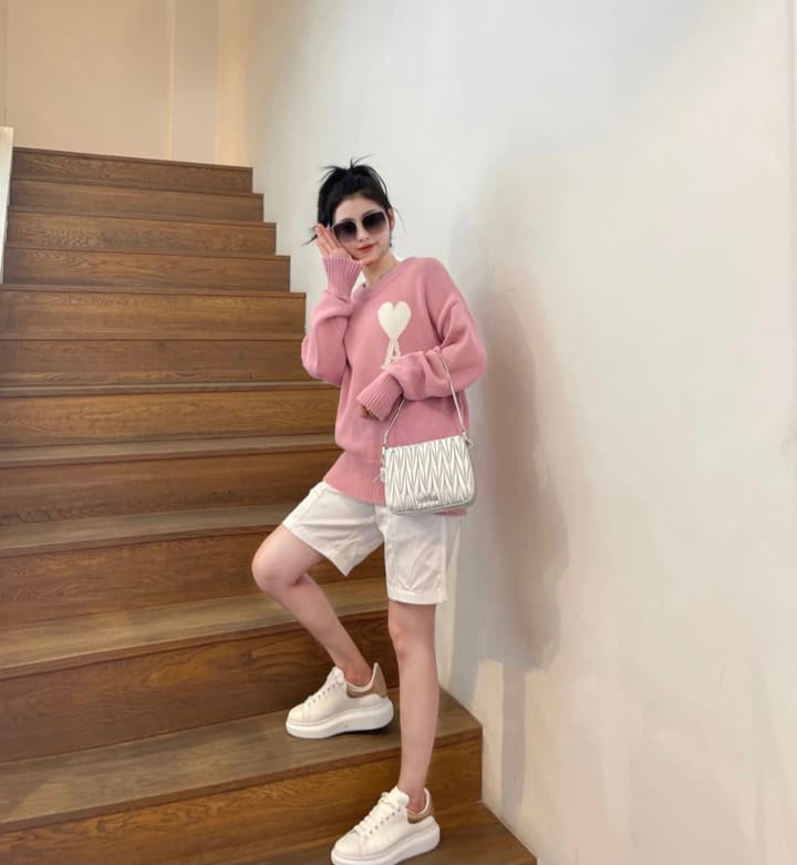 AMI Paris Heart Letter Knit Sweater in Pink
