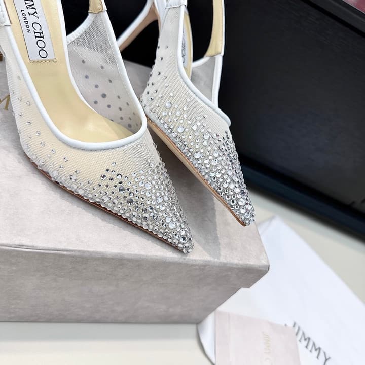 Jimmy Choo Mesh Rhinestone Slingback Heels – Spring/Summer Collection in Pure White