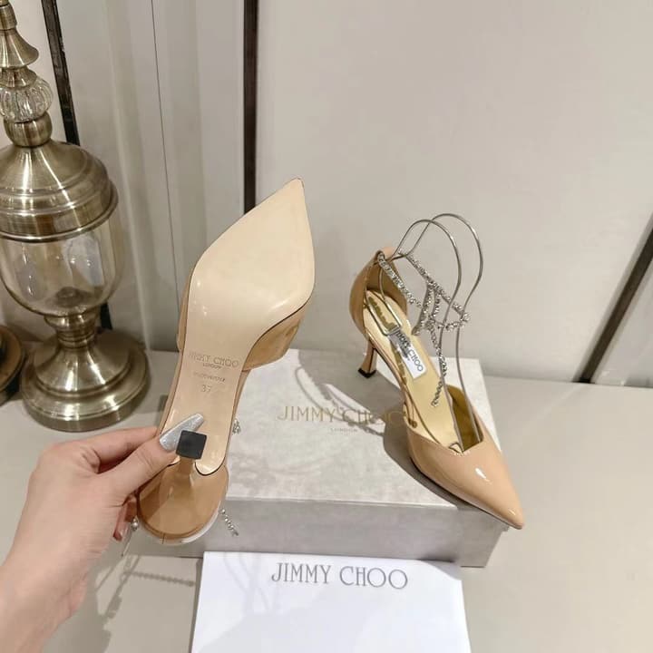 Jimmy Choo Rhinestone Cross-Strap Kitten Heels – 2025 Spring/Summer Collection in Nude Patent Leather