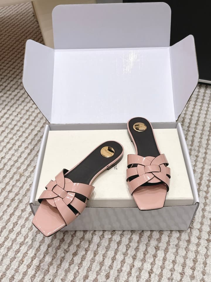 Saint Laurent Melody Square Toe Flat Sandals – 2026SS in Burgundy Patent