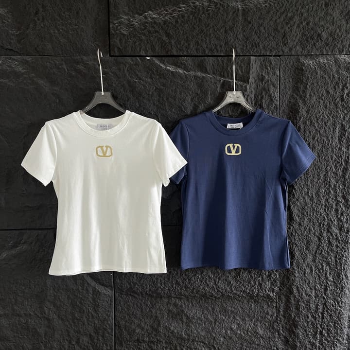 Valentino V-Logo Gold Thread Embroidery T-Shirt in Blue