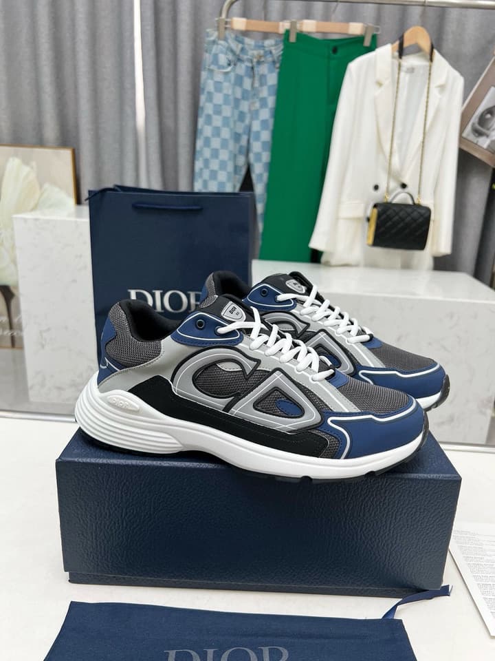Dior B30 Unisex Mesh and Leather Sneakers in Navy Blue And Grey