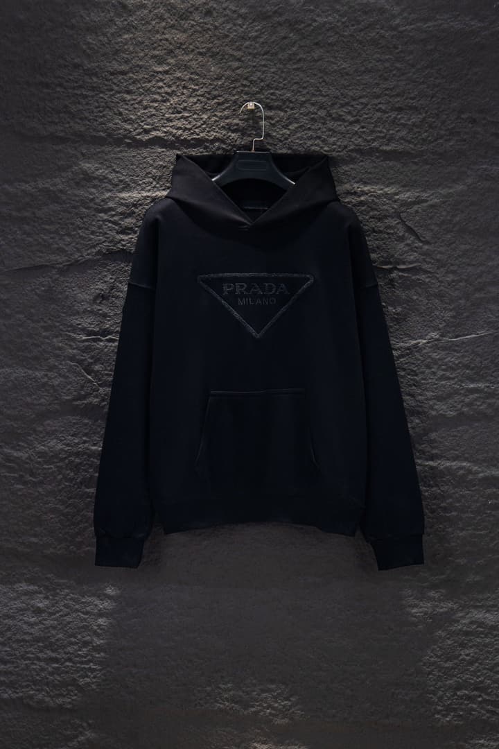 Prada Oversize Embroidered Cotton Sweatshirt in Classic Black Hoodie