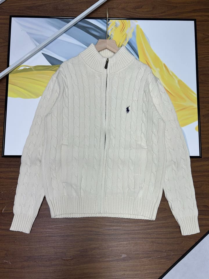 Ralph Lauren Unisex Cable Knit Zip Cardigan in Apricot