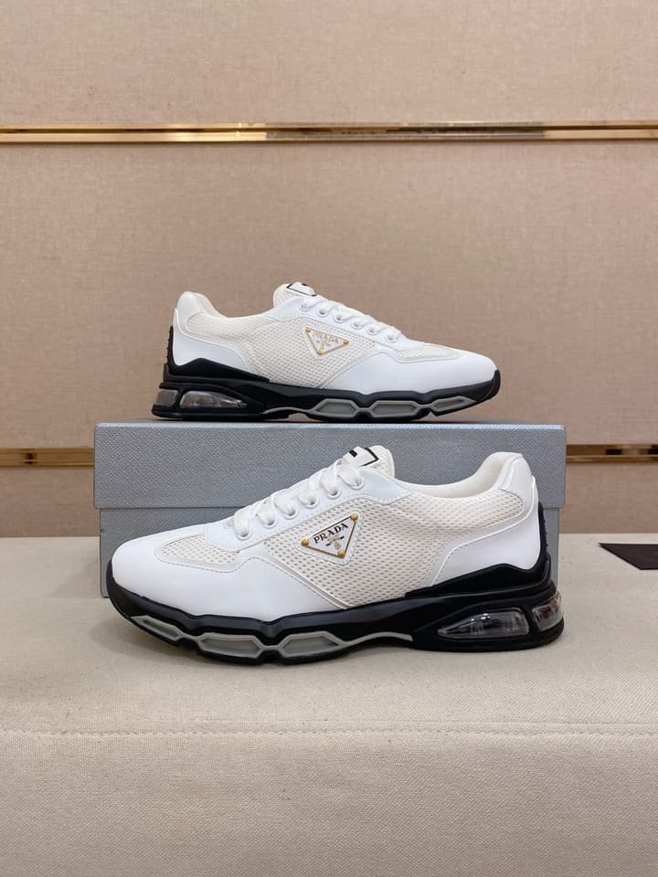 Prada Men's Leather Mesh Sneakers – New Collection in Light Grey With White Logo