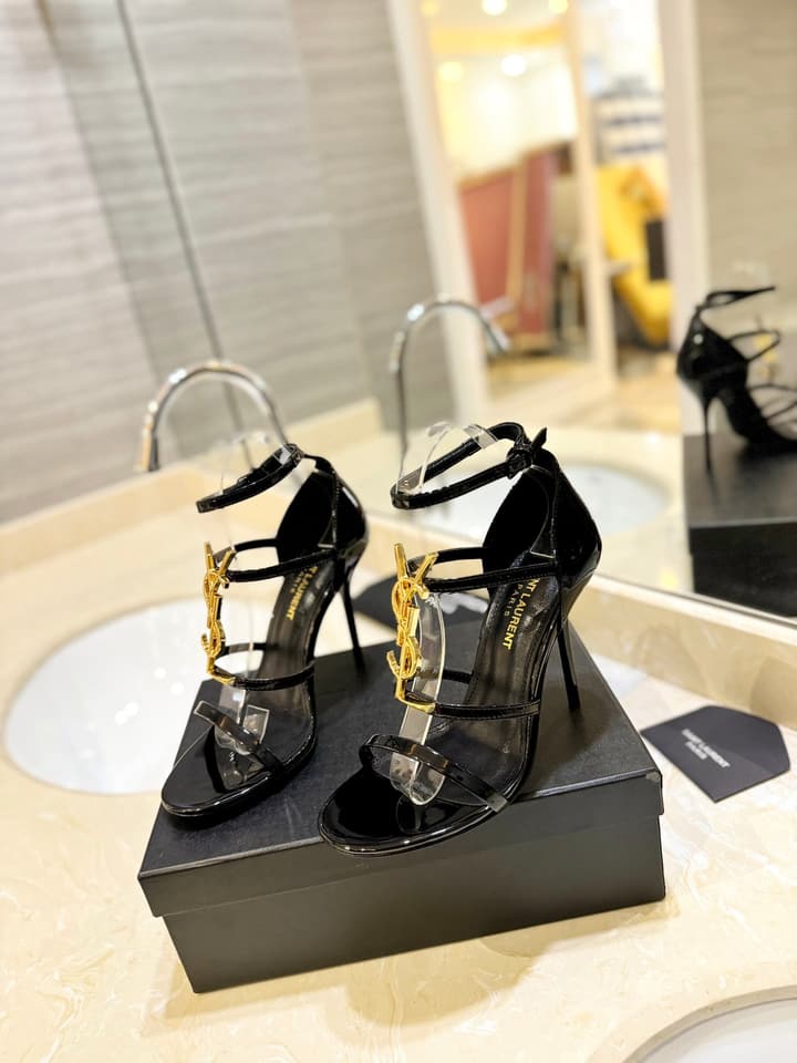 Saint Laurent YSL Logo Lacquer Heeled Sandals in Black Matte With Black Logo