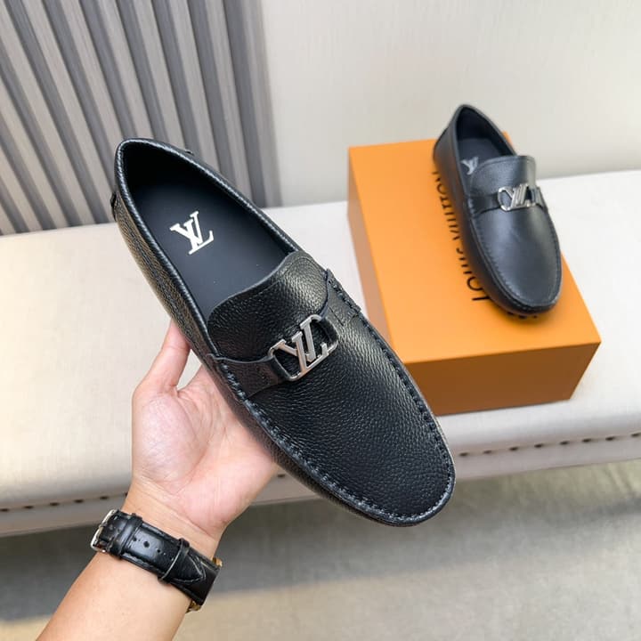 Louis Vuitton Pebbled Leather Driving Shoes in Black Smooth Leather