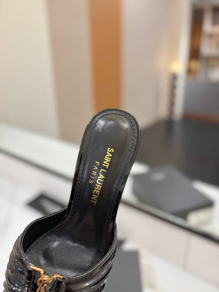 Saint Laurent Crystal Chain Patent Leather Heeled Sandals – 2025 Spring/Summer Collection in White Patent