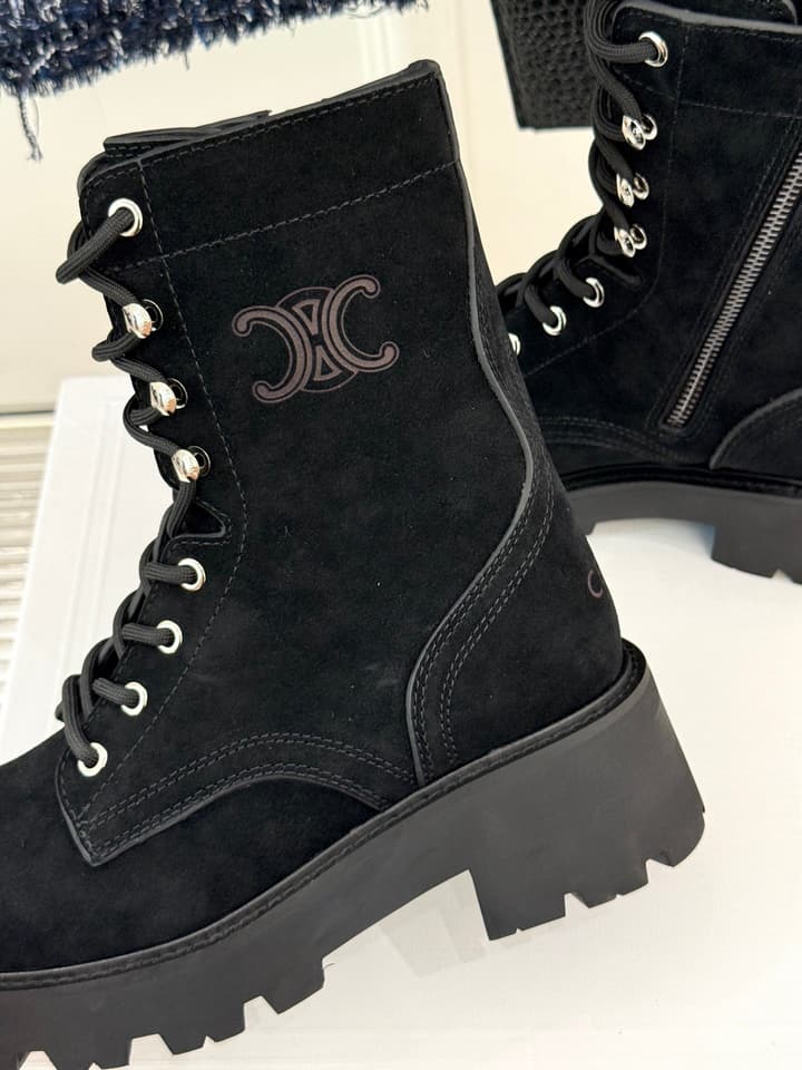 Celine Classic Triomphe Platform Martin Boots in Black Leather
