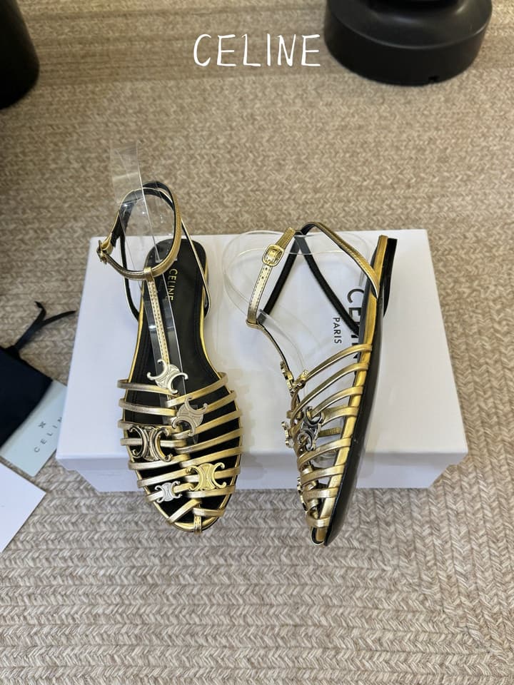 Celine Triomphe Ankle Strap Sandals – Spring/Summer Collection in Black - Large Logo Flats