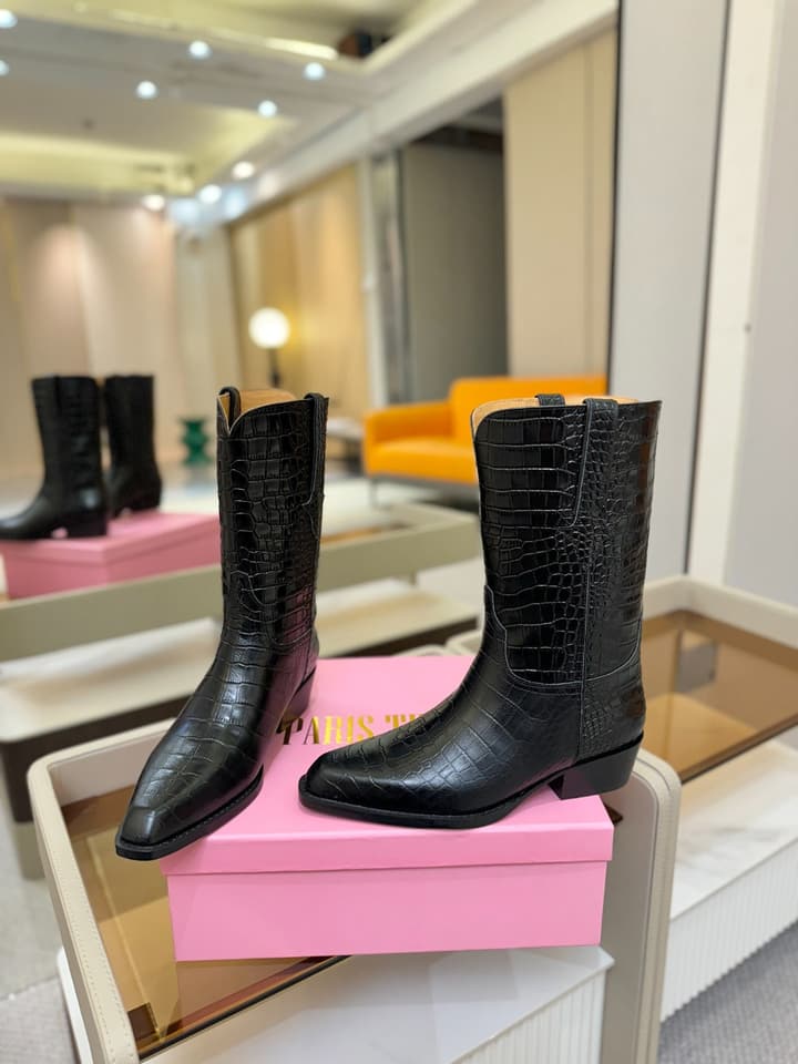 Paris Texas Western Ankle Boots in Embossed Black