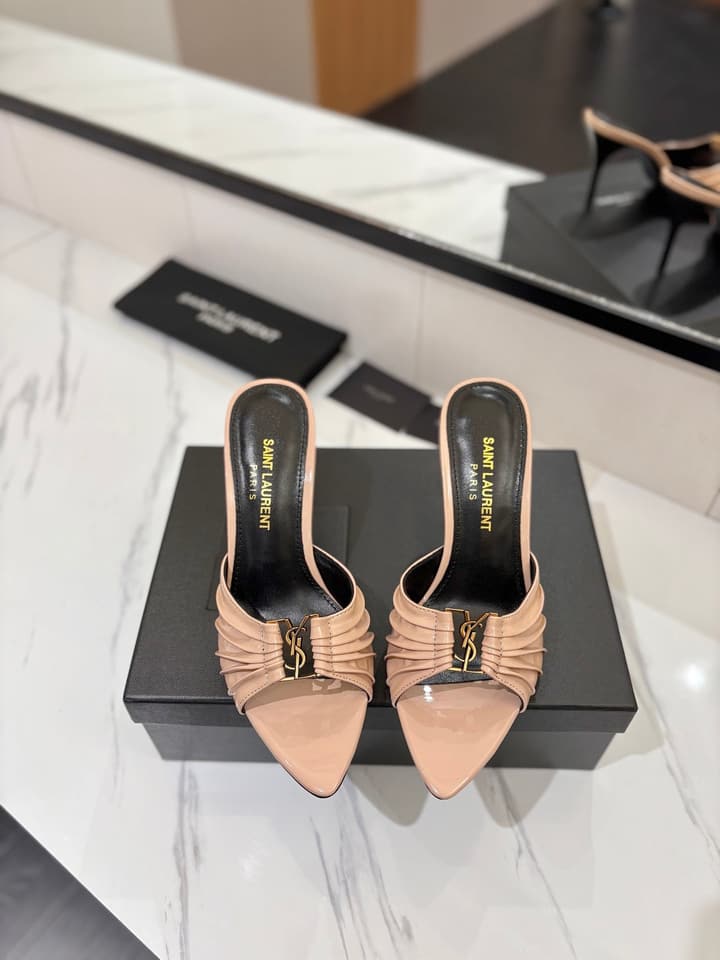 Saint Laurent Crystal Chain Patent Leather Heeled Sandals – 2025 Spring/Summer Collection in White Patent
