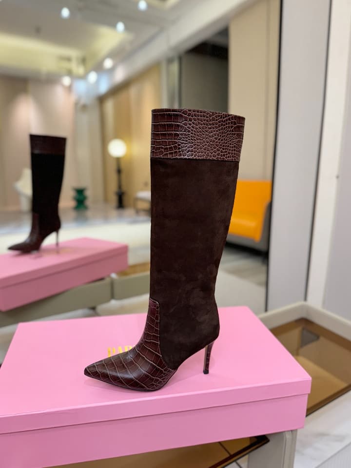 Paris Texas Crocodile Embossed Stiletto Knee-High Boots in Black Suede And Leather