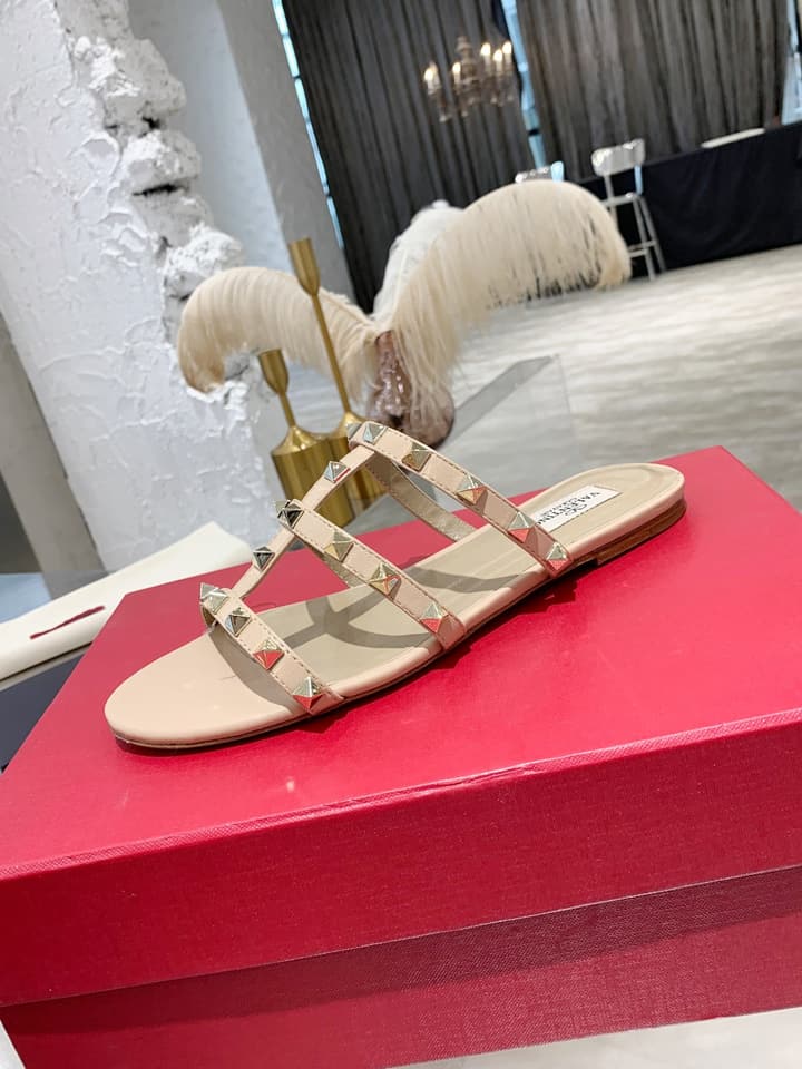 Valentino Studded Sheepskin Flat Sandals in Black