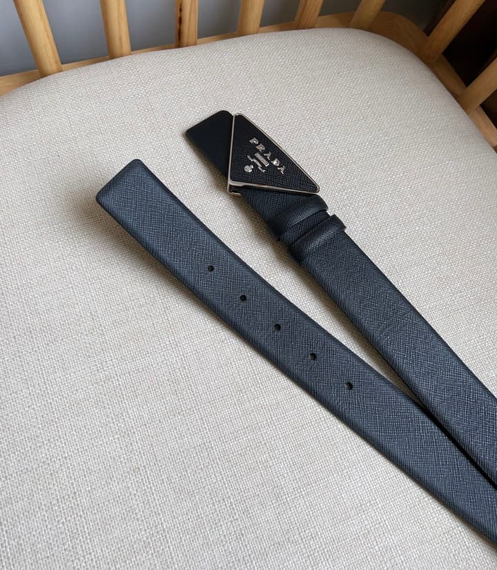 Prada Triangle Logo Buckle Belt in Black Textured Leather With Black Buckle