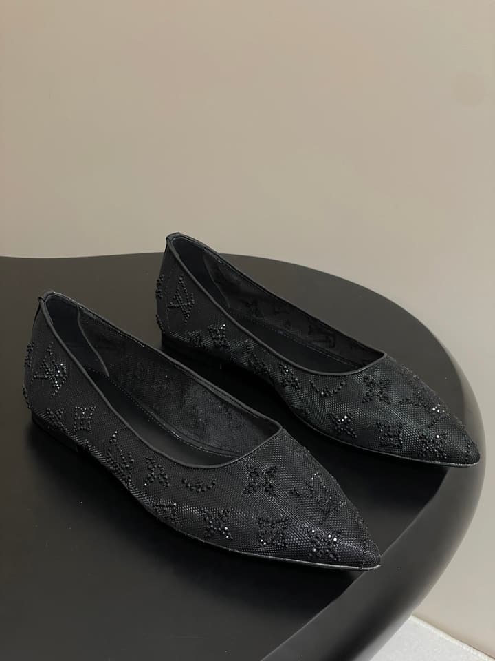 Louis Vuitton Mesh Crystal Pointed-Toe Flats – 25SS Summer Collection in Black Patterned