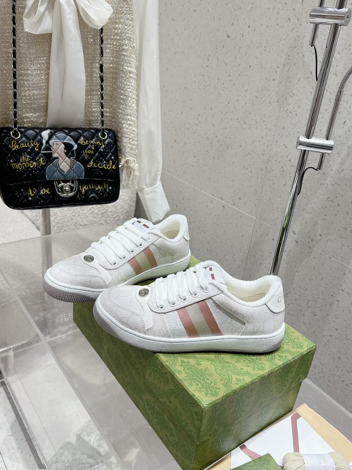 Gucci Screener Series Chunky Unisex Sneakers in Beige With Pastel Stripe And Pink Toe