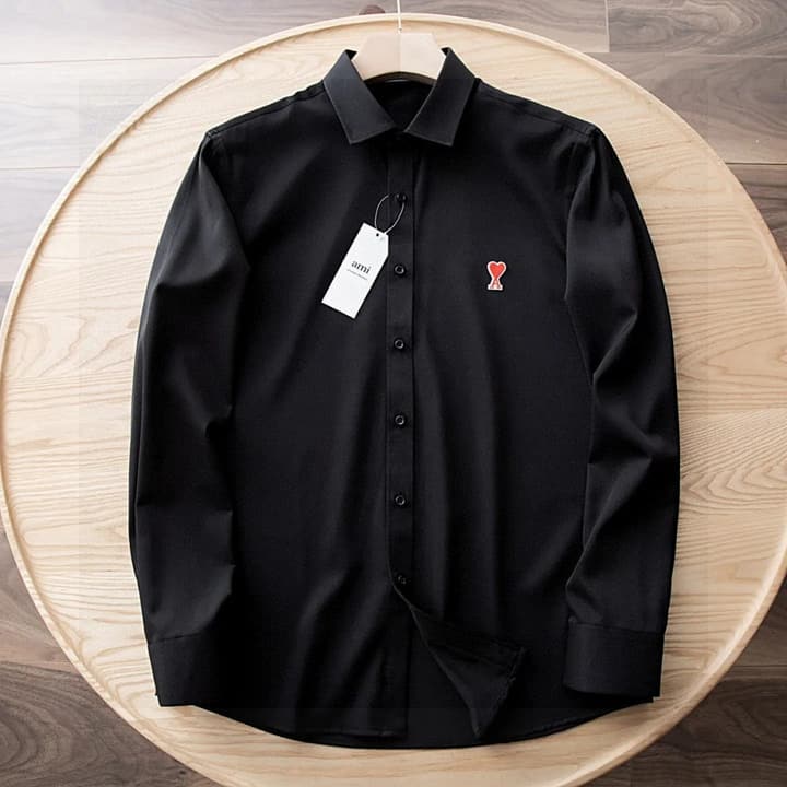 AMI Paris Ami de Coeur Long Sleeve Shirt – Autumn Collection in White Shirt / Black Heart