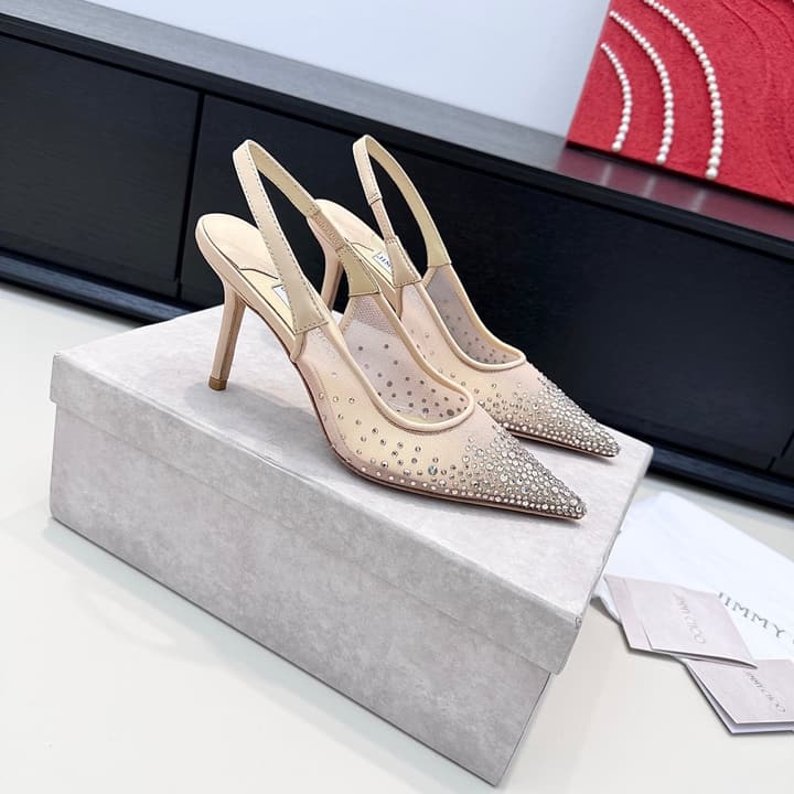 Jimmy Choo Mesh Rhinestone Slingback Heels – Spring/Summer Collection in Pure White