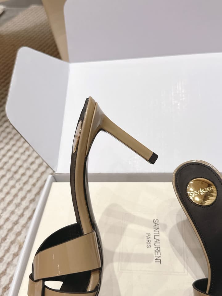 Saint Laurent Melody Square-Toe Heeled Sandals – 2026 Spring/Summer Collection in Beige Patent