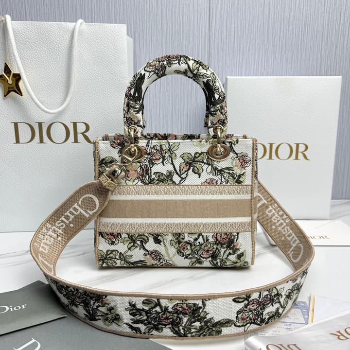 Dior Lady Dior 5-Grid Hand-Embroidered Handbag in Black Embroidered Toile