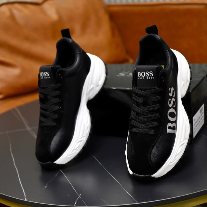 Boss Men's Luxury Running Sneakers in Black Mesh With White Sole